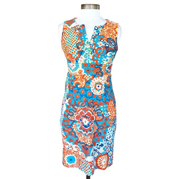 JUDE CONNALLY Sleeveless V-neck Dress Size XS Bright Aqua Orange Multi Shift - Picture 1 of 9